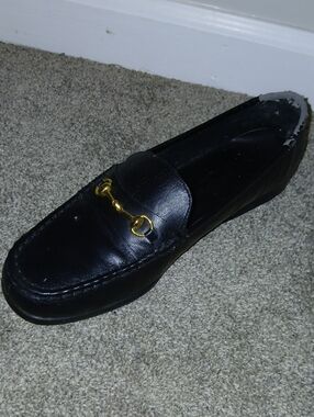 Newport News Black Leather Loafer with Gold Bit